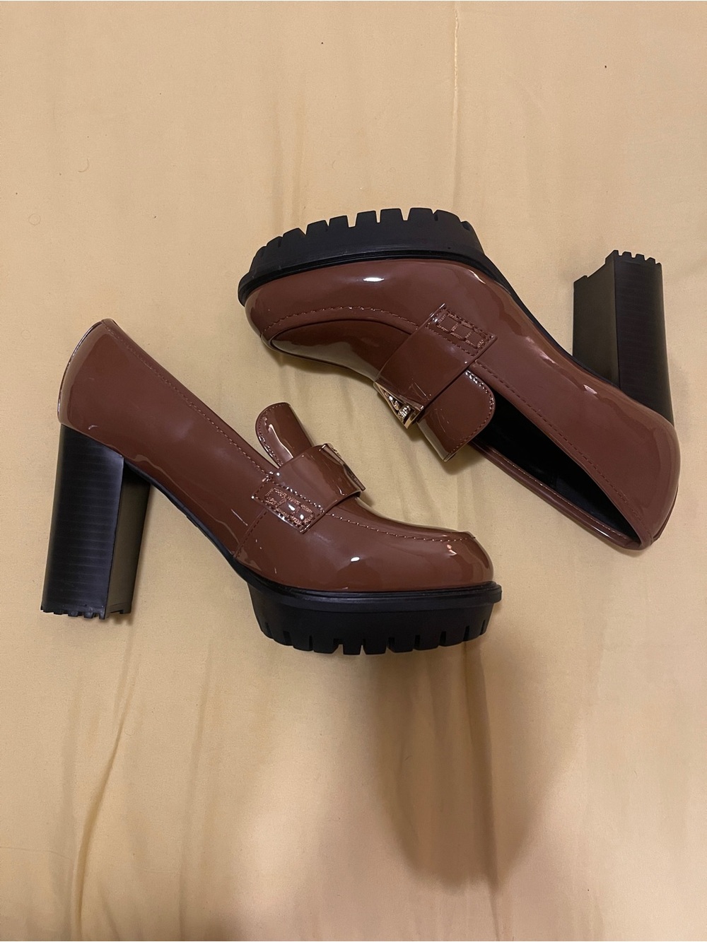 Guess Brown Patent Leather Platform Block Heel Loafers